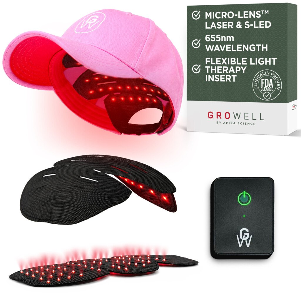 Pink GroWell Red Light Therapy hat for hair growth
