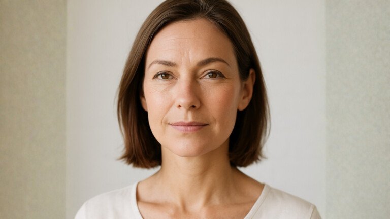 A middle aged woman with great skin through the use of red light therapy for collagen production