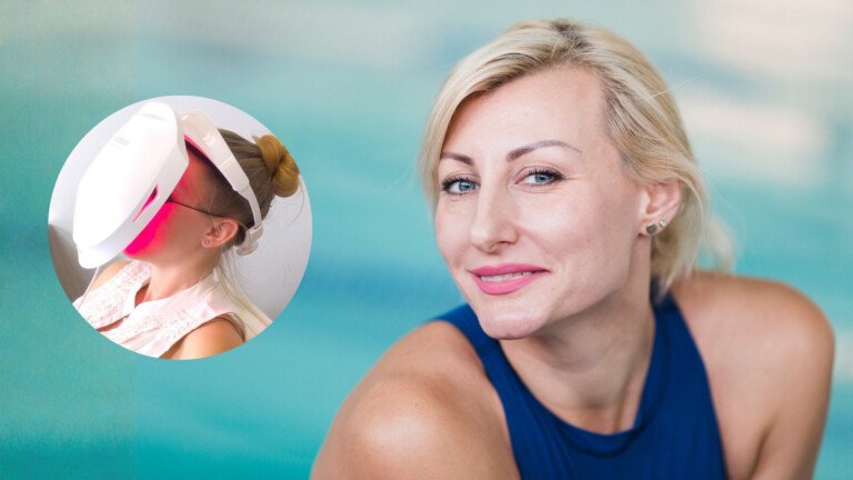 An LED Face Mask in use delivering skincare for anti ageing benefits alongside a blonde woman with beautiful skin