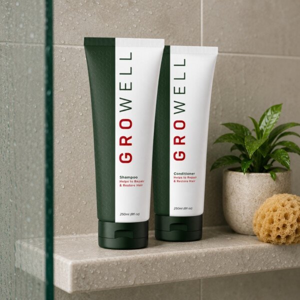 GroWell Shampoo and Conditioner in a shower