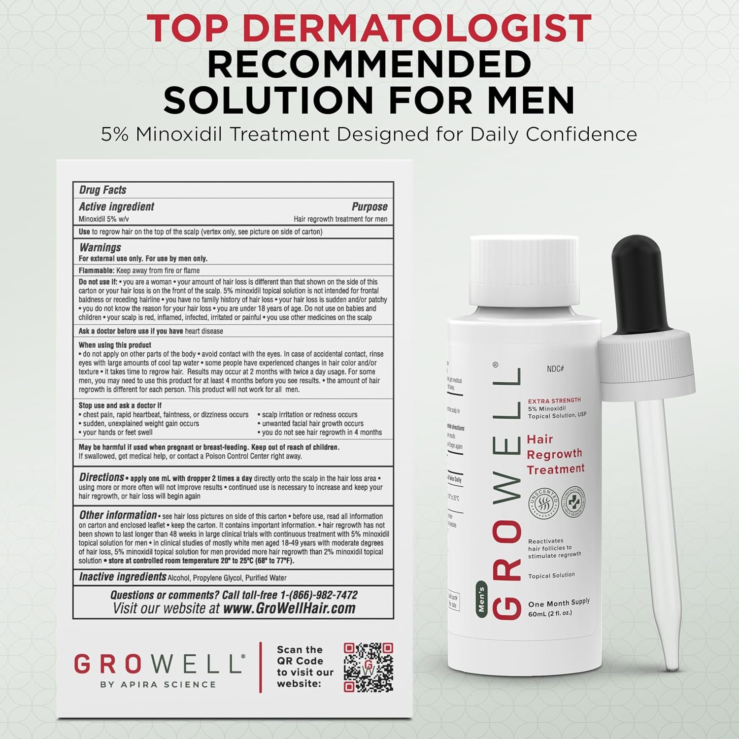 GroWell 5% topical minoxidil for men — bottle and dropper applicator