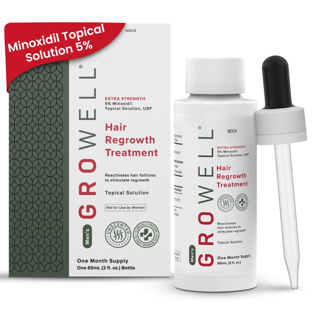 GroWell 5% topical minoxidil for men — bottle and dropper applicator